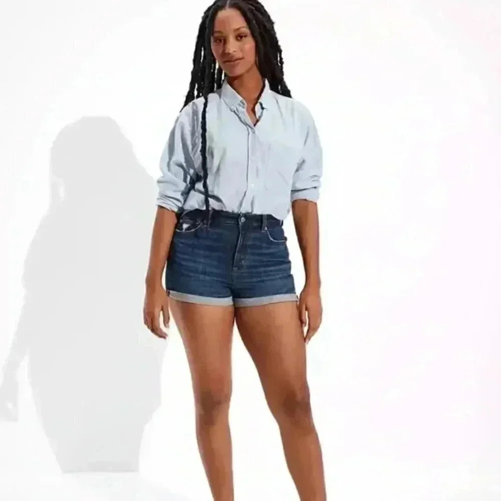 American Eagle  Curvy Hi-Rise Shortie Jean Shorts Blue Denim Size 4